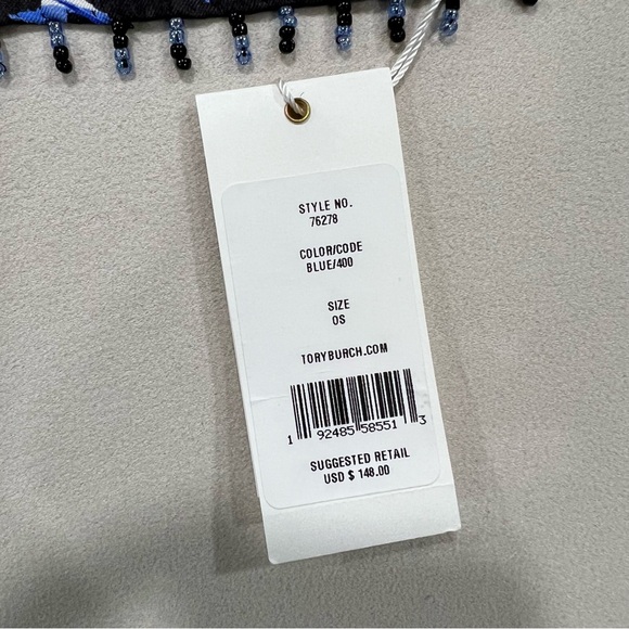 NWT Tory Burch Beaded Blue 100% Silk Scarf 21 In - Picture 4 of 7